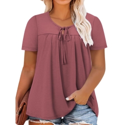 2XL Womens Tops Plus Size Loose Fit Pleated Comfy V Neck Drawstring Casual Short Sleeve Shirts Mauve