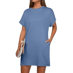 GRECERELLE Women's 2025 Summer Short Sleeve Crew Neck Casual Mini Tee Shirt Dress with Pockets Denim Blue, Large