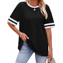 WIHOLL Plus Size Tops for Women Striped Short Sleeve Black Womens Summer Tops Fashion Oversized T Shirts Fit Leggings Trendy 2025 3XL