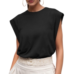GRECERELLE Womens 2025 Summer Cap Sleeve Casual Basic Tops T-Shirts Loose Crew Neck Tank Fashion Clothes, Black, Large
