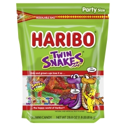 HARIBO Gummi Candy, Twin Snakes Sweet & Sour Gummy Candy, 28.8 Ounce Resealable Party Size Stand Up Bag, Soft & Chewy Snacks, Assorted Fruity Flavors