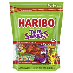 HARIBO Gummi Candy, Twin Snakes Sweet & Sour Gummy Candy, 28.8 Ounce Resealable Party Size Stand Up Bag, Soft & Chewy Snacks, Assorted Fruity Flavors
