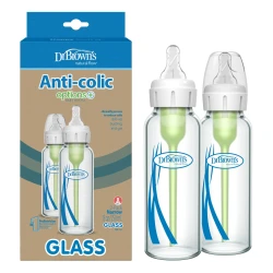 Dr. Brown's Natural Flow Anti-Colic Options+ Narrow Glass Baby Bottle 8 oz/250 mL, with Level 1 Slow Flow Nipple, 2 Pack, 0m+