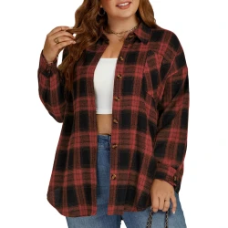 Plus Size Tops for Women Cute Winter Long Sleeve Shirts Fashion Plaid Tunics Loose Fit Flannel Blouses XL Black&Red