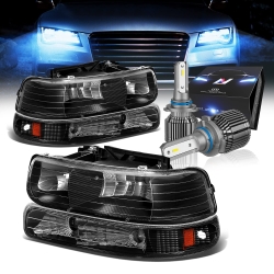 DNA MOTORING HL-OH-CS99-4P-BK-AB-CFS-9006 Black Housing Amber Reflector Headlights Compatible with 99-02 SIlverado HD 00-06 Suburban Tahoe With Pair 9006 HB4 10000 Lumens 60W LED Bulbs
