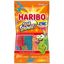 HARIBO Gummi Candy, Z!NG Sour Streamers Gummy Candy, 4.5 Ounce Share Size Bags (Pack of 12) Delicious Soft & Chewy Snacks, Assorted Fruity Flavors